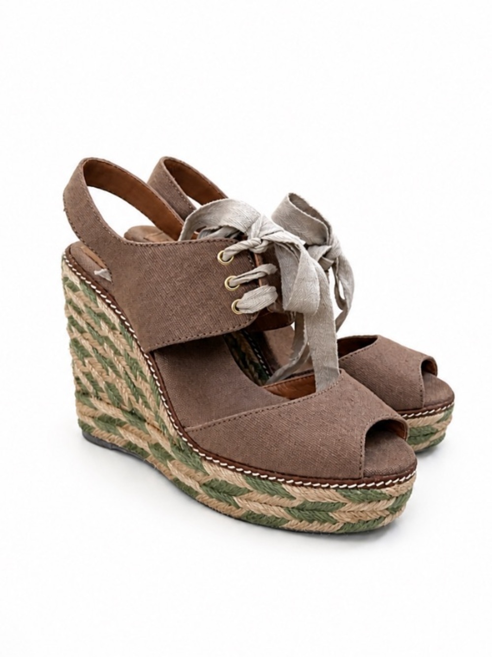 Tory Burch Linley Espadrille Wedge Sandals Brown Canvas Lace-Up Size 8